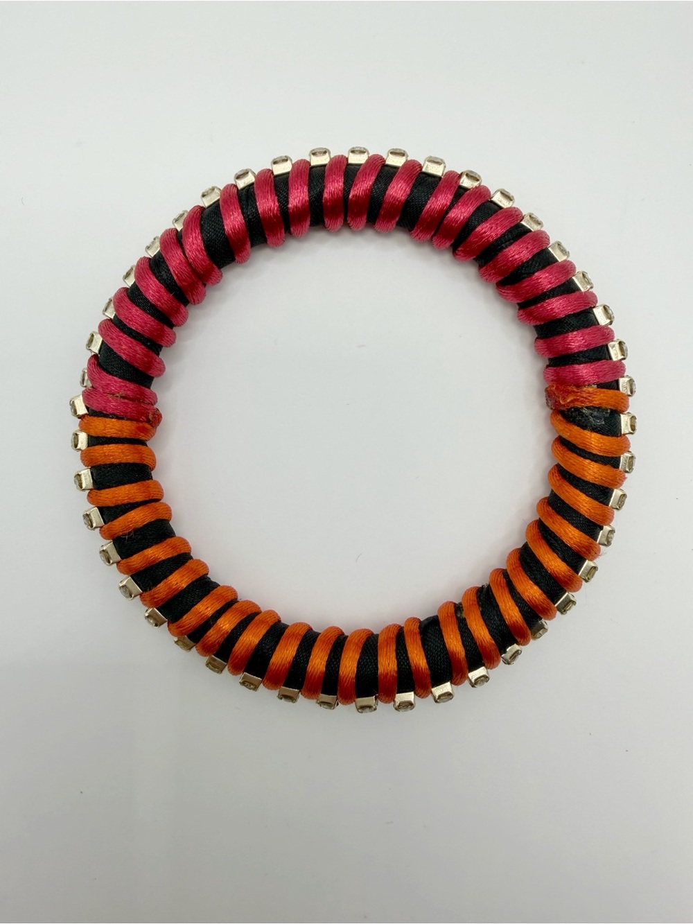 Orange Hot Pink Silk Thread Bangle | Rhinestone Chain Border Statement Bangle - Picture 14 of 14